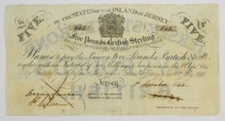 States of Jersey 1840 £5 Sterling banknote, pen cancelled with an 'X'