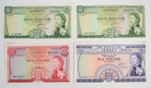 Four Jersey 1963 issue banknotes signed by J. Clennett comprising two £1 notes, £5 and £10