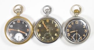 Three military keyless winding open faced pocket watches including Leonidas, each with subsidiary
