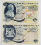 Two Royal Bank of Scotland £5 banknotes dated 1966 and 1969, the 1969 £5 unusually features two