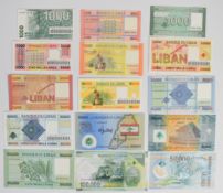 Fifteen Lebanon 2004-19 banknotes including 1000 to 50,000 Livres (2004-08), 1000 to 100,000