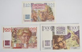 Three France 1947 banknotes comprising high grade 50, 100 and 500 Francs