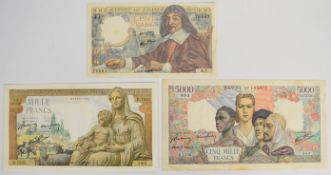 Three France 1941-43 issue banknotes including 100, 1000 and 5000 Francs, the 100 Francs features