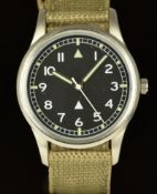 British RAF military style wristwatch with luminous hands and hour markers, white Arabic numerals,
