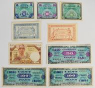 Nine France Military banknotes including 1917 Trésorerie Aux Armées 50c and 1 Franc and a 1947