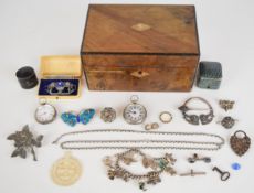 A collection of silver jewellery including two fob watches, charm bracelet with ten charms, brooch