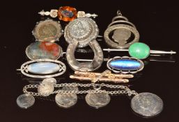 A 9ct gold brooch set with seed pearls (2g), silver horseshoe brooch (Birmingham 1888), Arts &