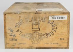 Twelve bottles of Chateau La Tour Blanche Sauternes 1er Grand Cru Classé 1989, in sealed case.