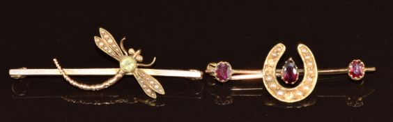 Two c1900 9ct gold brooches, one in the form of a horseshoe set with seed pearls and garnets, the