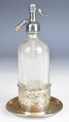 George V hallmarked silver, glass and silver plated novelty miniature soda siphon, the stand