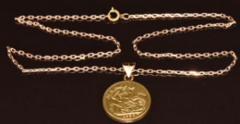 1926 gold full sovereign with South Africa mint mark, on 9ct gold pendant loop (8.6g) and yellow