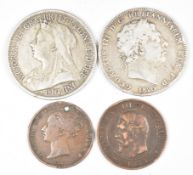 George III 1820 and Queen Victoria 1893 crowns, Victorian Jersey copper coin and a French 1855