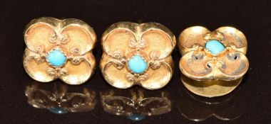 A pair of Edwardian 9ct gold quatrefoil earrings set with turquoise and a matching stud, 3.5g