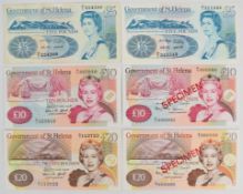 Six Saint Helena 1976-2012 banknotes including two undated (1976) £5 notes, 2004-dated £10, £20
