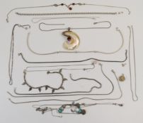 Eighteen silver necklaces including rose quartz, pressed amber, locket, shell, etc, 172g