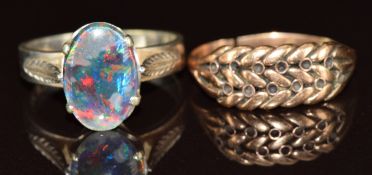 A 9k white gold ring set with an opal triplet and a 9ct gold keeper ring (both damaged), 5.4g