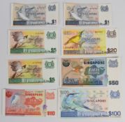 Seven Singapore 1977 'Birds' issue notes including $100 printed by Bradbury, Wilson & Co.
