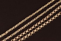 Two 9ct gold chains, one with a barrel clasp, 9g, 44cm & 45cm