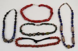 Five beaded necklaces including coral, glass, sodalite and millefiori, etc