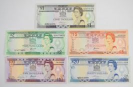 Five Fiji 1987-92 banknotes, including 1988 $20 and 1992 $5 and $10