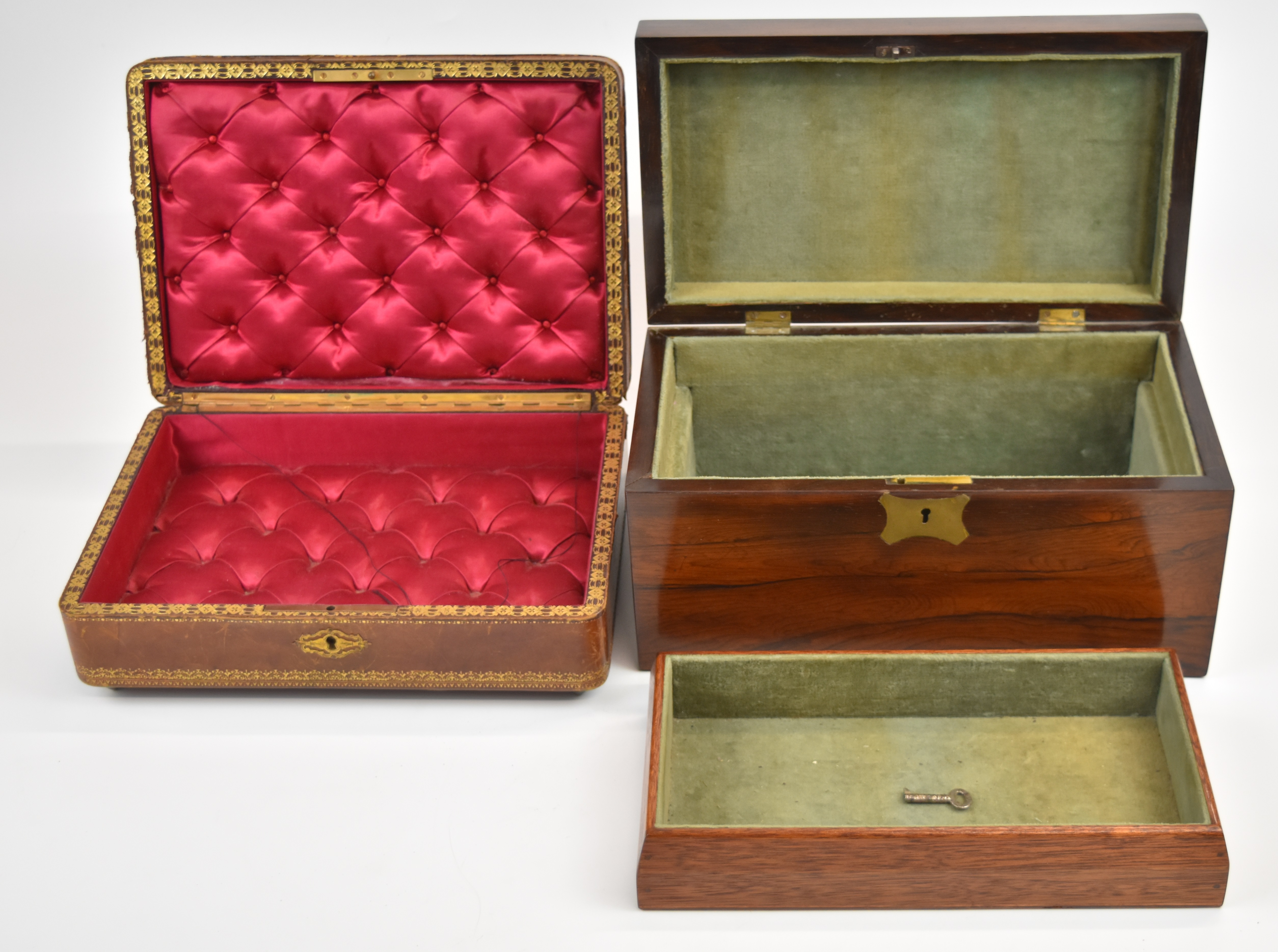A tooled leather jewellery box and a wooden box with key