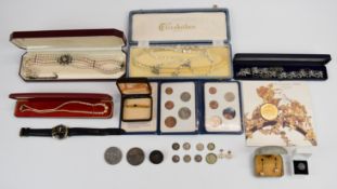 A collection of costume jewellery including faux pearls, marcasite jewellery, watch, coins etc