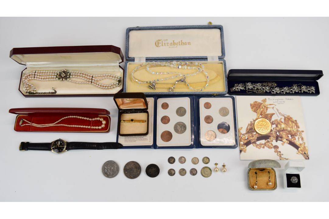 A collection of costume jewellery including faux pearls, marcasite jewellery, watch, coins etc - Image 1 of 9