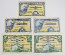 Five Gibraltar 10 Shillings and £1 banknotes 1954 and 1958 including examples of both
