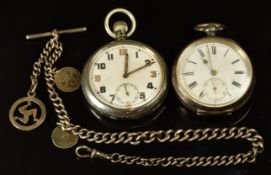 Two open faced pocket watches, one military issue with subsidiary seconds dial, luminous hands,