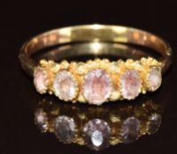 Victorian yellow metal ring set with five foiled amethysts, in antique box, 2.3g, size S
