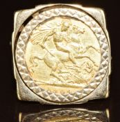 A 9ct gold ring set with a 1909 gold half sovereign, 10.2g, size U