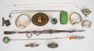 A collection of jewellery including silver brooch set with mother of pearl and paste, Victorian