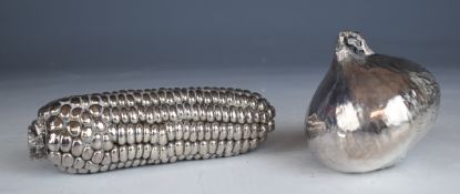 Elizabeth II novelty hallmarked silver paperweights formed as an onion and sweetcorn, Birmingham