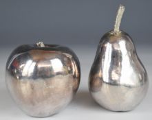 Hallmarked silver apple and pear paperweights or novelty fruit items, Birmingham 1996, maker John