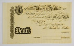 Malta Banco Di Malta £20 Sterling 2nd Issue dated 18xx, unissued remainder. Malta declared the Pound