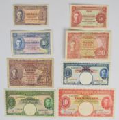 Eight Malaya 1941 King George VI banknotes including all denominations from 10 Cents to $10