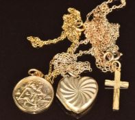 Three 9ct gold chains, 9ct gold back and front locket, a 9ct gold St Christopher pendant and 9ct