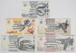 Five Faeroe Islands 2011 banknotes comprising 50, 100, 200, 500 and 1000 Kronur