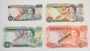 Jersey 1978 SPECIMEN banknote set including £1, £5, £10 and £20, all feature a special Maltese cross
