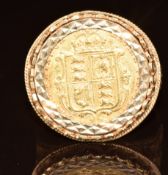 A 9ct gold ring set with an 1892 gold half sovereign, 8.6g, size Y