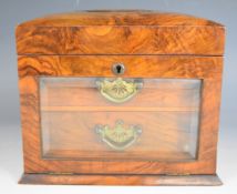 19th or early 20thC walnut jewellery box with fitted interior, the bevelled glass fall flap