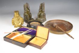 Collectables including Egyptian Grand Tour style bronzes, brass gong, Transvaal figural brass