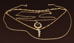 Three 9ct gold chains and two 9ct gold pendants, one in the form of an 'M' and the other set with