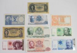 Ten Norway banknotes 1940-2003 including high grade 1961 5 Kroner