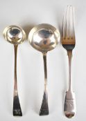 Georgian and later hallmarked silver cutlery comprising fiddle pattern table fork and two ladles,