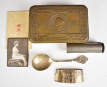 Hallmarked silver Surrey Walking Club spoon, 1914 Princess Mary Christmas tin and an Evans patent