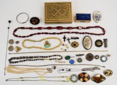 A collection of jewellery including Victorian brooches, silver necklace with banded agate beads,