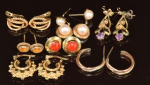 A pair of yellow metal earrings set with coral and marked 680 (1.8g), five pairs of 9ct gold