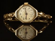 Rolex 9ct gold ladies wristwatch with blued arrow hands, black Arabic numerals, silver dial,