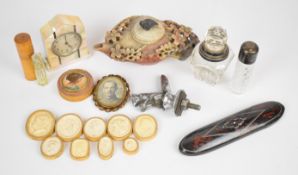 Chinese soapstone wine pourer with bird finial, squirrel car mascot, French ormolu two section